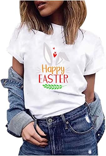Női Rövid Ujjú Felsők Boldog Húsvéti Aranyos Rabbit Nyomtatott Nyári Alkalmi Kerek Nyakú Pulóver, Blúz, Fehér Póló