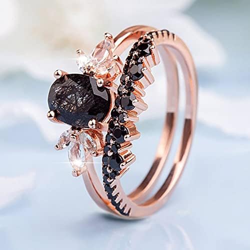Női Gyűrű Divat Fekete Rutilated Kvarc Cirkónia Eljegyzési Gyűrű Készlet Ovális Ívelt Alakú, Rózsa Arany Esküvői Gyűrű, Esküvői