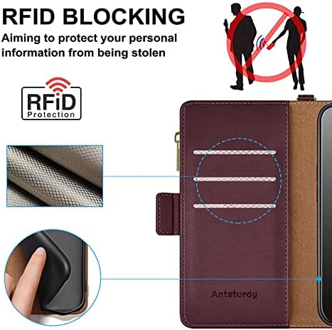 Antsturdy Samsung Galaxy A03S MINKET Tárca esetben 【RFID-Blokkoló】【Cipzár Poket】【7 Card Slot】 PU Bőr Flip Tok védőburkolat Hitelkártya