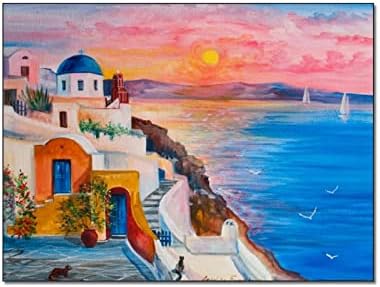 Görögország, Santorini Sziget tengeri tájkép Festmény, Görögország Sziget, olajfestmény Santorini Sziget Művészeti Vászon Kép Nyomtatása