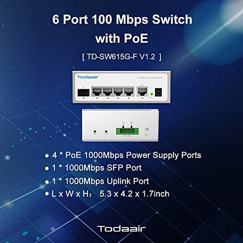 TODAAIR 6 Port Ethernet Gigabit PoE Switch | 4 PoE+ Port + 1 Műhold + 1 SFP @60W | 802.3 af/a | Plug and Play