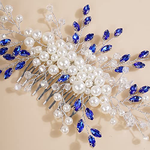 Xerling Kék Kristály Haj Oldali Comb Esküvői Gyöngy, Strassz Haj Kiegészítők Menyasszony Menyasszonyi Vintage Haj Fésű Fejdísz Nők (Kék)