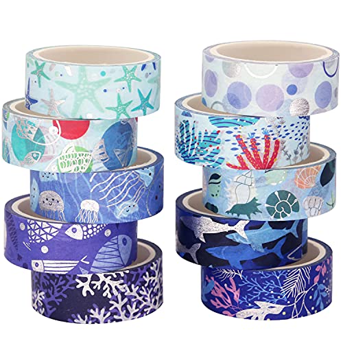YUBX Óceán Kék Washi Tape Set 10 Tekercs Ezüst Fólia Nyomtatás Dekoratív Maszkoló Szalagok a Művészetek, DIY Kézműves, Folyóiratok, Tervezők,
