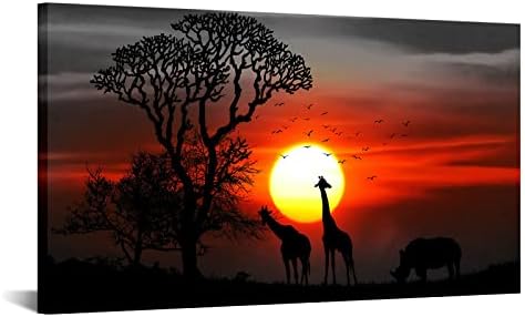 LevvArts Afrikai Táj Kép Vászon Nyomatok Vad Zsiráfok napnyugtakor Wall Art Modern, Fekete, Fehér, Vörös Állat Festmény Parasztház