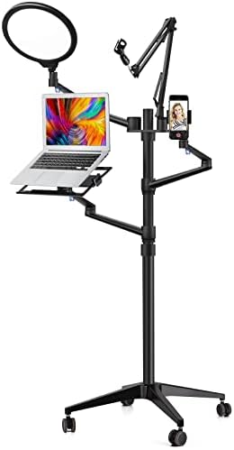 Viozon Önarckép Élő Padló Állvány Szett 5-in-1 10 LED Gyűrű Fény Mikrofon Mount mozgatható Kompatibilis 12-17 laptop/7-13 Tablet/3.5-6.7