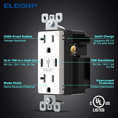 ELEGRP 36W QC 3.0 2.0 PD USB-Aljzatba, Dual C Típusú Tápellátás Gyors Töltés iPhone/iPad/Samsung/LG/HTC/Android Készülékek, 20