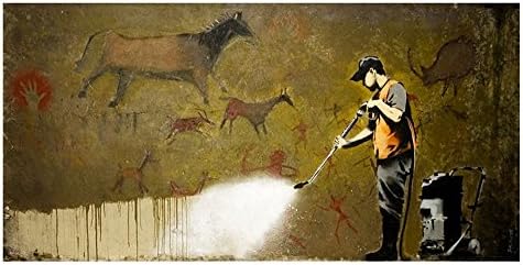 Alonline Art - Fal barlangrajz Powerwash által Banksy | Fekete Keretes Kép, Nyomtatva, Pamut Vászon, Csatolva A Hab Igazgatóság