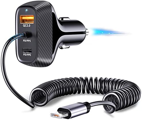 USB-C Autós Töltő, Vocrby 45W Gyors Autós Töltő adapter PD&QC3.0&PPS 3-Port C Típusú Autó Töltő 5.25 FT Spirál Kábel, Autós Töltő Kompatibilis