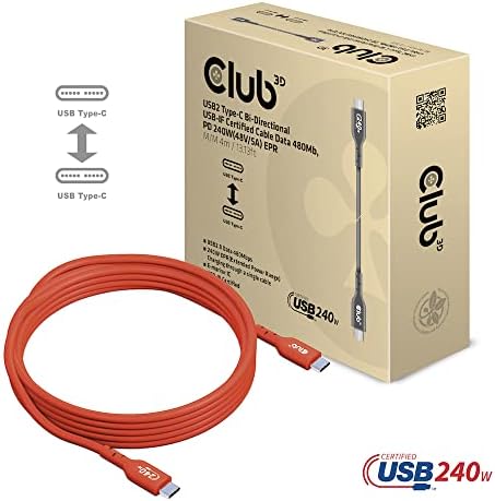 A Club 3D USB2-Típus-C Kétirányú USB-HA Hiteles Kábel, Adatok 480Mb, PD-240W(48V/5A) EPR M/M 4m/13,13 ft CAC-1515
