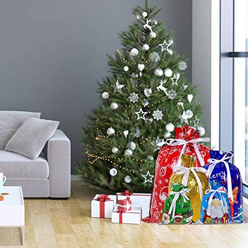 Lvydec Karácsonyi Ajándék Zsinórral Táskák, 30db Vegyes karácsonyi csomagolás zsák 5 Méretű Minták Műanyag Karácsonyi Ajándék Táskák Meghatározott