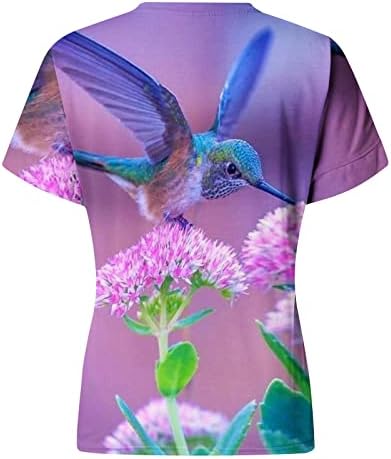 Nyári Felsők Női Kolibri Nyomtatás Rövid Ujjú Tshirt V-Nyak Alkalmi Grafikai Ing Virágos Tunika Póló Blúz