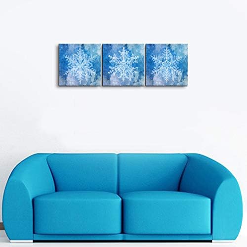 LoveHouse 3 Darab Téli Téma Hópehely Vászon Wall Art Absztrakt Hó Kék Virág Kép, Nyomtatás, Vászon Keretes Fali Dekor Nappali