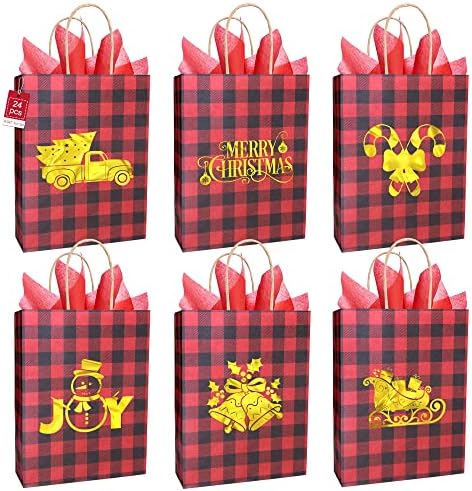 Sakayo 24 DB Karácsonyi Ajándék csomag, Piros, Fekete Bivaly Kockás Karácsony Zsákok papírból, Arany Fólia Karácsonyi Papír Táskák a Karácsonyi