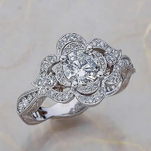 2023 Új Virág Alakú Teljes Gyémánt Gyűrű Női Divat Ékszerek Legnépszerűbb Tartozékok Kecses Ígéret Gyűrű számára (Ezüst, 9)