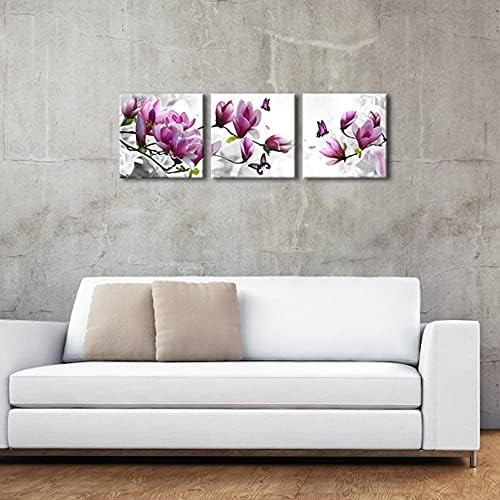 Wieco Művészeti Pillangó a Magnolia Vászon Nyomatok Wall Art 3 Darab Lila Virágok Képek Festmények Nappali, Hálószoba, Otthon