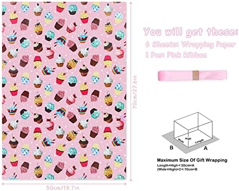 Boerni Rózsaszín Szülinapi Csomagoló Papírok, 6 Lap Süti Muffin Nyomtatott Minta Wrap Papírokat, 20 x 28 inch / Ív Hajtogatott Lakás