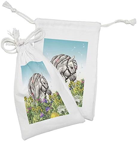 Lunarable Tavaszi Szövet táska 2, Kézzel Rajzolt Ló a Virágzó Réteken Legelésző Állat Virágzó Virágok Idilli, Kis Zsinórral Táska