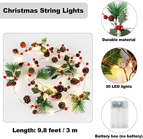 MCEAST Karácsonyi Koszorú Fények 9.8 Méter Toboz Piros Bogyó Bell Xmas 30 LED String Lámpák Meleg Fehér Koszorú, Fa Koszorút, Karácsonyi
