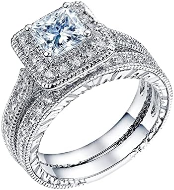 2 Párok Hercegnő csiszolt Gyémánt Meghatározott Gyűrű Divat Luxus Nők Eljegyzés, Esküvő Ékszer Tintahal Gyűrű (Ezüst, 6)