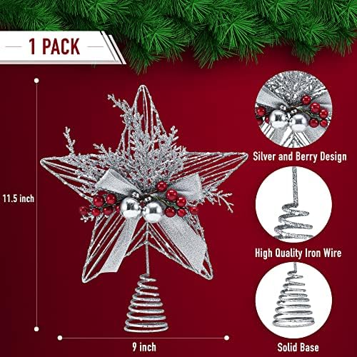 Ornativity Ezüst Csillag csúcsdíszt - Karácsonyi Glitter Silver Star Holiday Tree Top Dekoráció Ezüst Harang, s Fagyöngy,