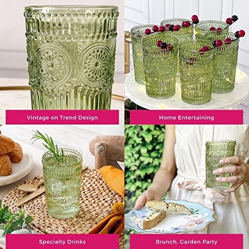 Vintage Mintás Zsálya Zöld Csíkos ivópohár Készlet 6-13 oz Bordázott Üvegáru Virág Design| Koktél Készlet, Gyümölcslé, Üveg, Pohár Víz