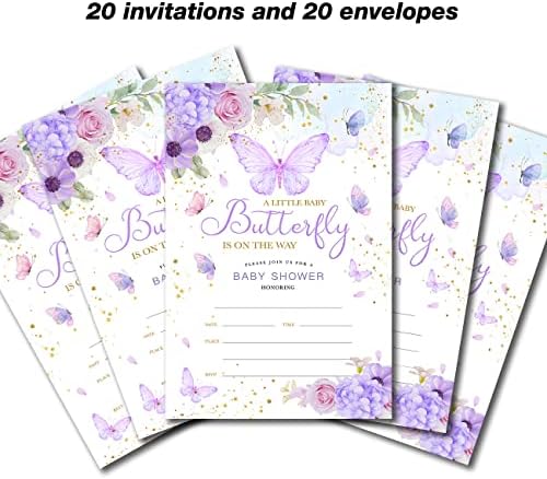 YIDOU Lila Pillangó Baba Zuhany Meghívókat Lány Pillangó Téma Töltse ki Felkéri Kártyák 20 Meghívókat, Borítékok (Kétoldalas)