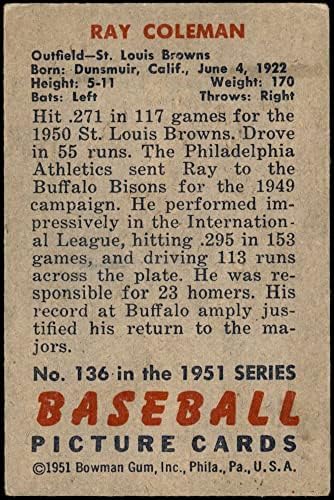 1951 Bowman 136 Ray Coleman St. Louis Browns (Baseball Kártya) VG Browns