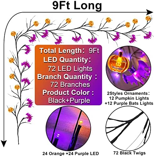 [Extra Hosszú] 9 Ft 72 LED Narancs & Lila Fények Halloween Willow Szőlő Gally Dekoráció Garland 12 Bat & 12 Tököt Világítás Időzítő 8 Módok