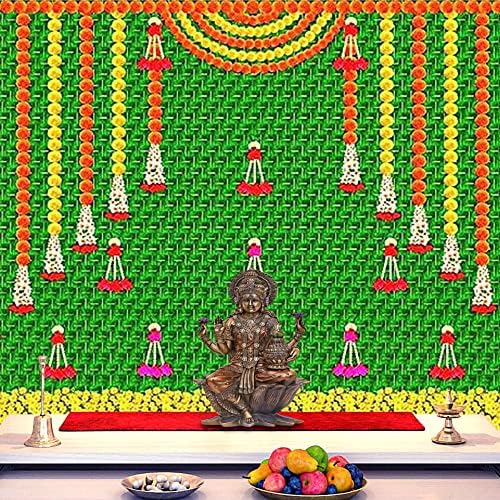 SATVIK 8x5ft. Szövet Hátteret Pooja Pujan Dekoráció Marigold Garland Levél Nyomtatás Indiai Ünnepi Puja Ruhával Diwali Mandir Mehndi