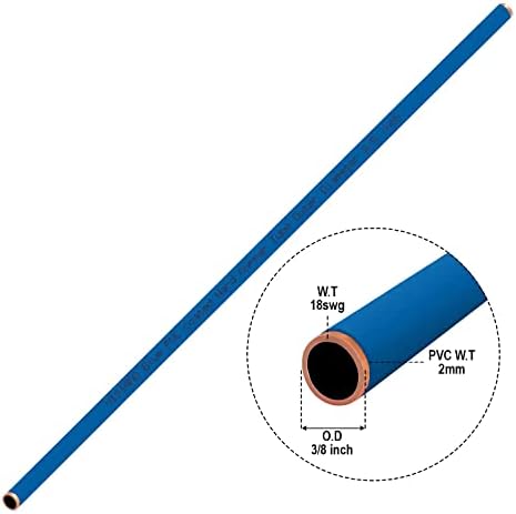 Visiaro Kék PVC Bevont Kemény Réz Cső, 1mtr, Külső Átm 3/8 inch, Falvastagság 18 swg, 2mm PVC bevonat, egy Csomag 20