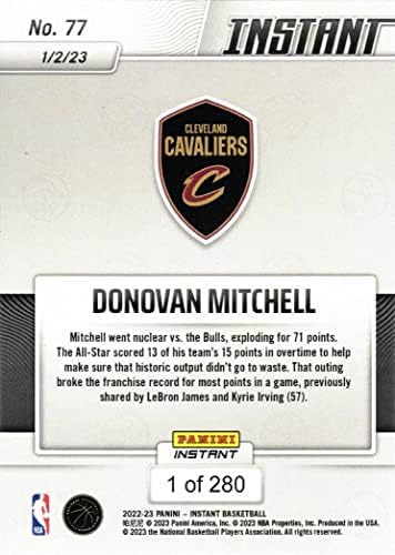 2022-23 Panini Azonnali NBA 77 Donovan Mitchell Kosárlabda Kártya - Szünetek Cavaliers Bejegyzés 71-pontos Játék