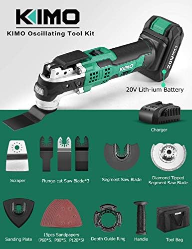 KIMO 20V Vezeték nélküli Oszcilláló Multi-Tool Kit w/Extra 20V 2.0 Ah Akkumulátor, 21000 Változó RPM Sebesség & 3° Oszcillációs Szög,