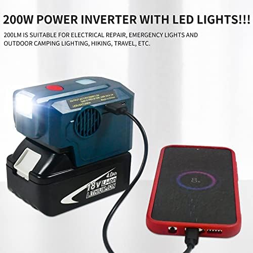 200W Portable Power Inverter Kompatibilis Makita 18V Lítium Elem,a HÁLÓZATI Aljzatból, USB/C-Típusú, 200LM LED, 18V DC, hogy 120V AC Kültéri,