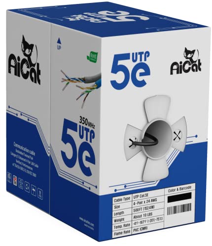 AiCat Cat5e Ethernet Kábel 500ft - 24 AWG, CMR, ETL, Szigetelt Soild Csupasz Réz Drót Internet Kábel FastReel - 350MHZ /
