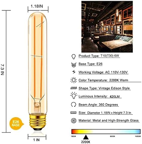 VCTC Világítás E26 Szabályozható LED Izzó Borostyán Csöves Edison-Izzó, 6W, Egyenlő 60 Wattos Meleg 2200K,T10 a Rusztikus Medál,Ipari