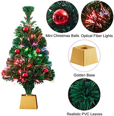Megvilágított Asztali karácsonyfa, Színes Optikai Villogó Fények, Akkumulátoros 20 Mini Prelit Zöld karácsonyfa Piros Labdát