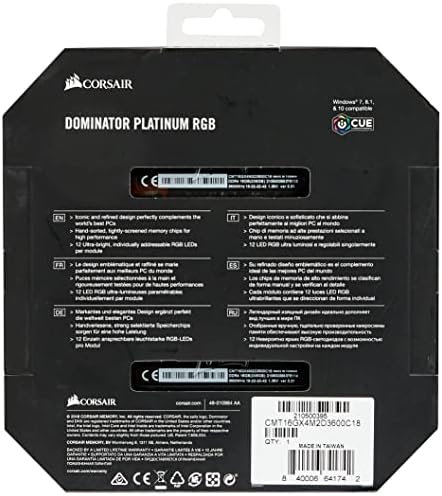 CORSAIR Dominator Platinum RGB 16GB (2x8GB) DDR4 3600 (PC4-28800) C18 1.35 V AMD Optimalizált Memória - Fekete